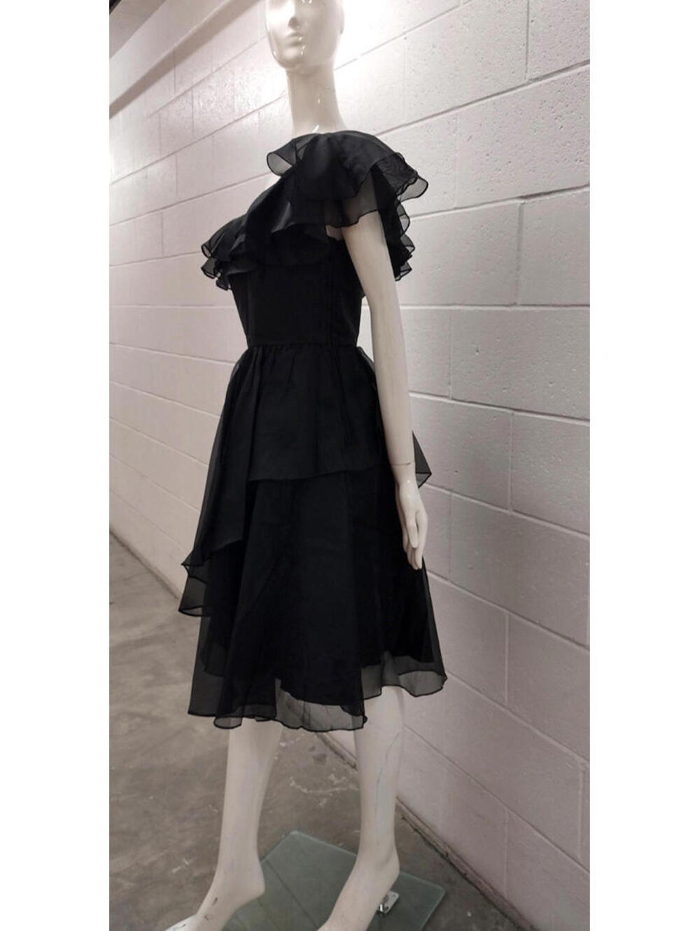 Vintage Off The Shoulder Black Sheer Disco Dress Belted Early 1980s SAMIR Size S - Picture 3 of 16